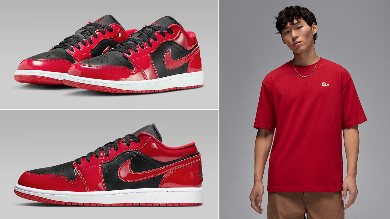Air Jordan 1 Low Patent Black White Varsity Red Mens Shoes x Jordan AJ1 Sneaker Patch Mens T Shirt Outfit