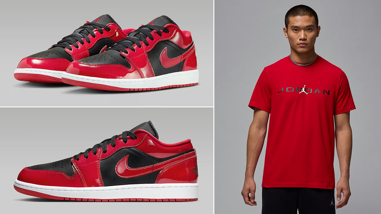 Air Jordan 1 Low Patent Black White Varsity Red Mens Shoes x Jordan Air Stretch Mens T Shirt Outfit