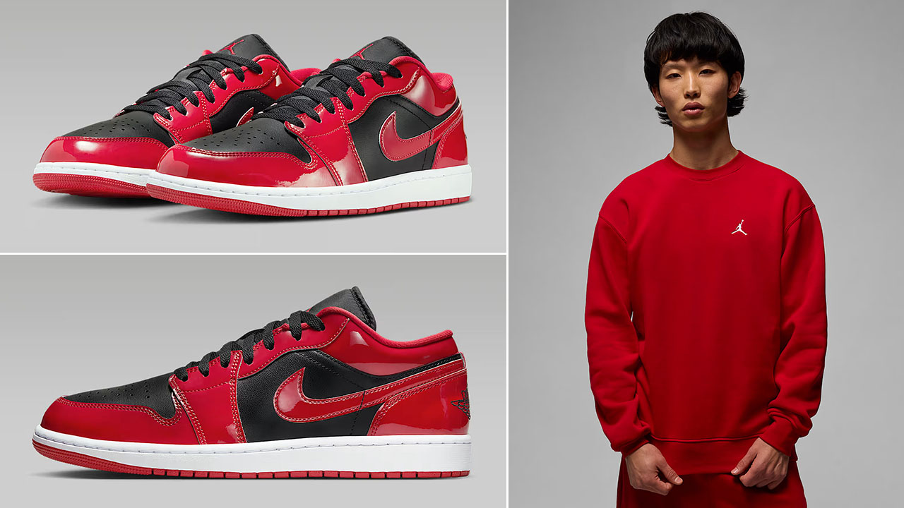 Air Jordan 1 Low Patent Black White Varsity Red Mens Shoes x Jordan Brooklyn Mens Crew Sweatshirt Outfit