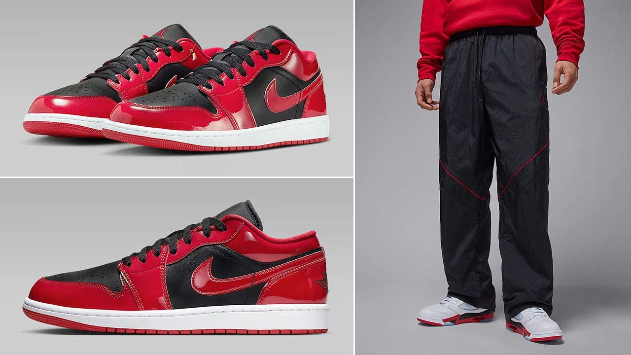 Air Jordan 1 Low Patent Black White Varsity Red Mens Shoes x Jordan Brooklyn Mens Draft Pants Outfit