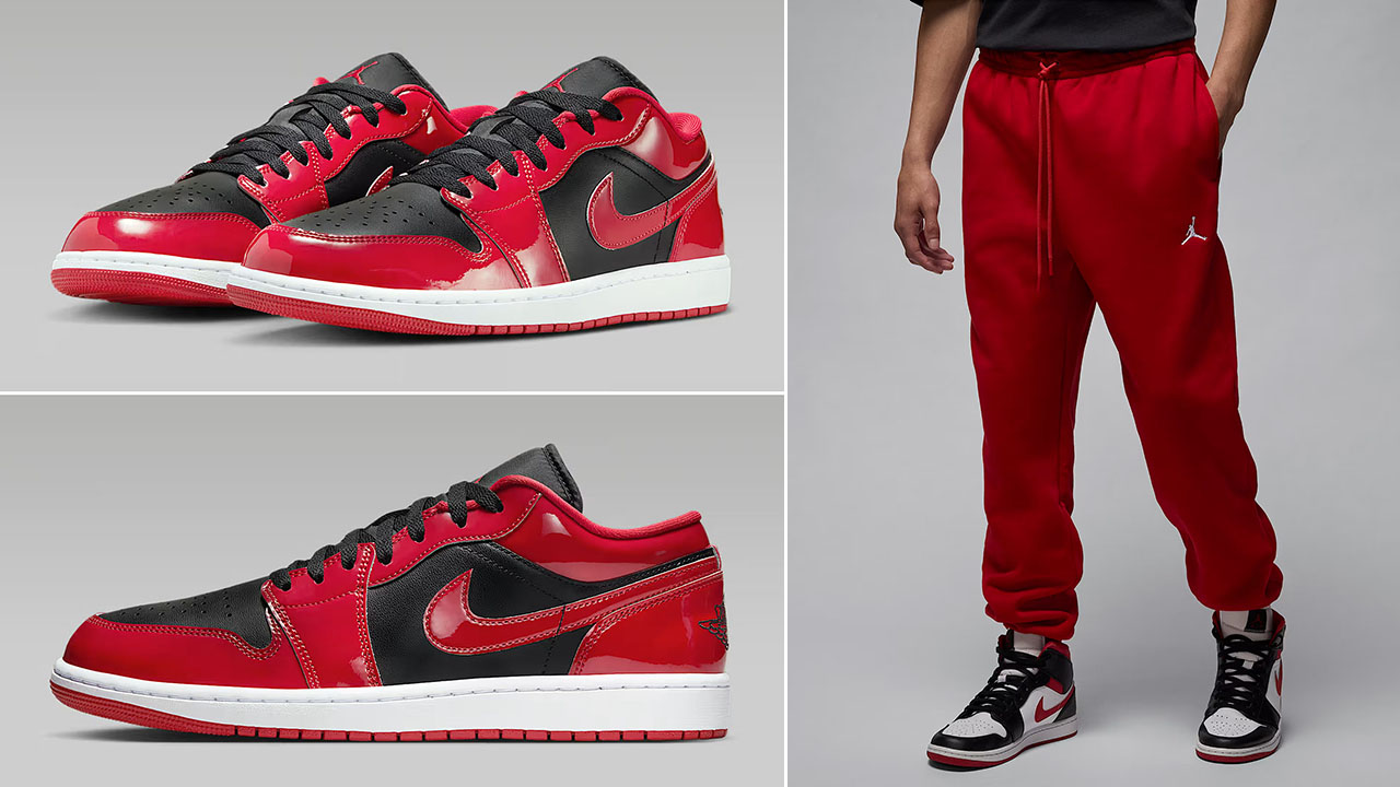 Air Jordan 1 Low Patent Black White Varsity Red Mens Shoes x Jordan Brooklyn Mens Fleece Pants Outfit