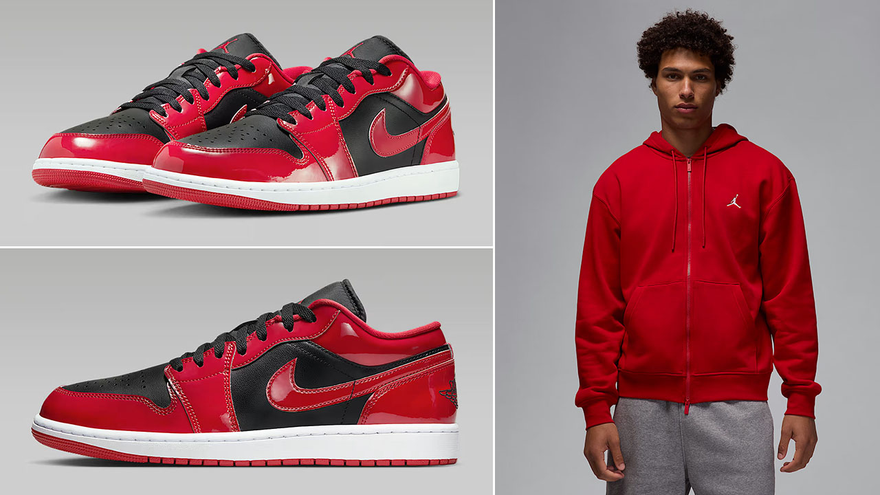 Air Jordan 1 Low Patent Black White Varsity Red Mens Shoes x Jordan Brooklyn Mens Full Zip Hoodie Outfit