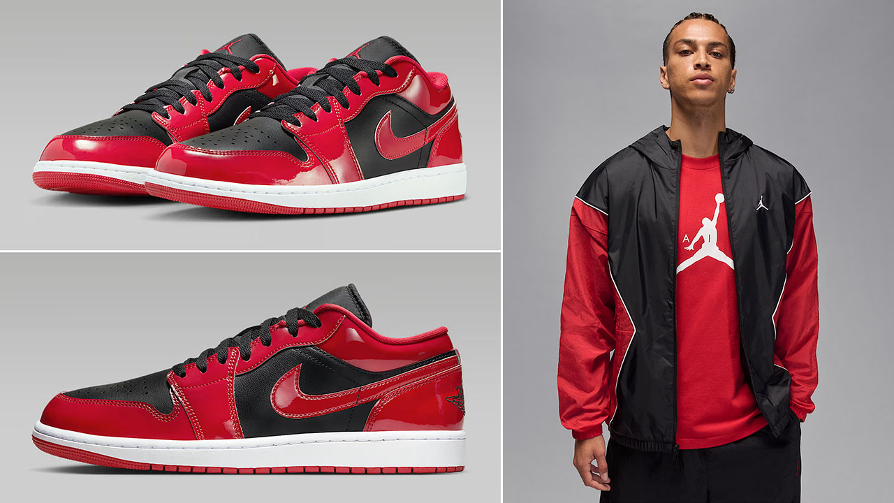 Air Jordan 1 Low Patent Black White Varsity Red Mens Shoes x Jordan Brooklyn Mens Hooded Draft Jacket Outfit