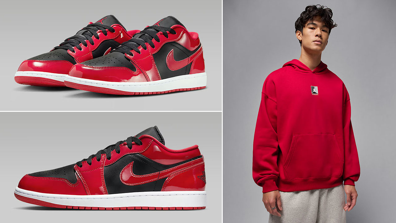 Air Jordan 1 Low Patent Black White Varsity Red Mens Shoes x Jordan Brooklyn Mens Hoodie Outfit