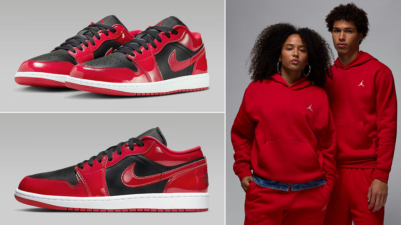Air Jordan 1 Low Patent Black White Varsity Red Mens Shoes x Jordan Brooklyn Mens Pullover Hoodie Outfit