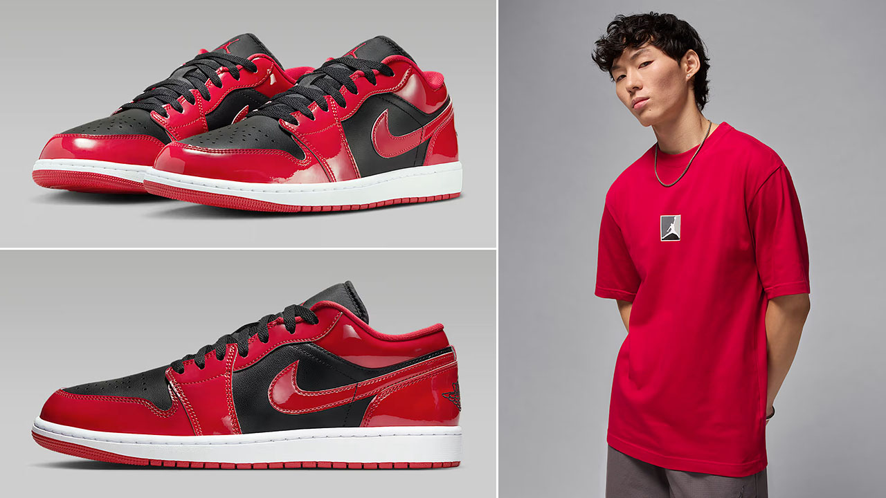 Air Jordan 1 Low Patent Black White Varsity Red Mens Shoes x Jordan Brooklyn Mens T Shirt Outfit
