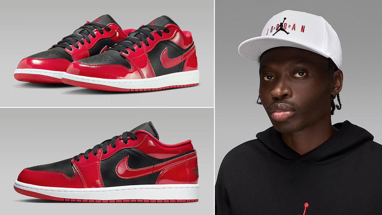 Air Jordan 1 Low Patent Black White Varsity Red Mens Shoes x Jordan Pro Snapback Hat