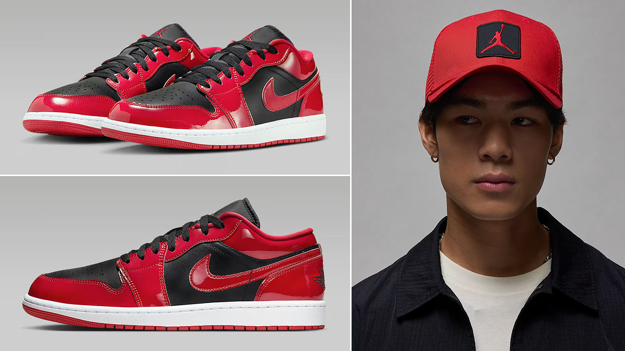 Air Jordan 1 Low Patent Black White Varsity Red Mens Shoes x Jordan Rise Trucker Hat Snapback Cap