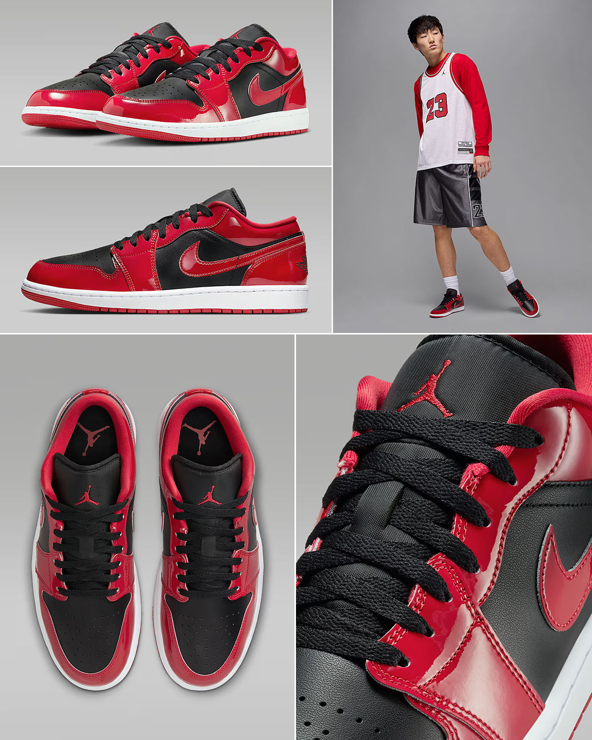 Air Jordan 1 Low Patent Black White Varsity Red Mens Sneakers Clothing Outfits