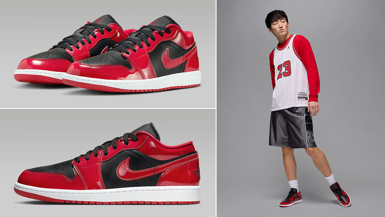 Air Jordan 1 Low Patent Black White Varsity Red Mens Sneakers and Outfits
