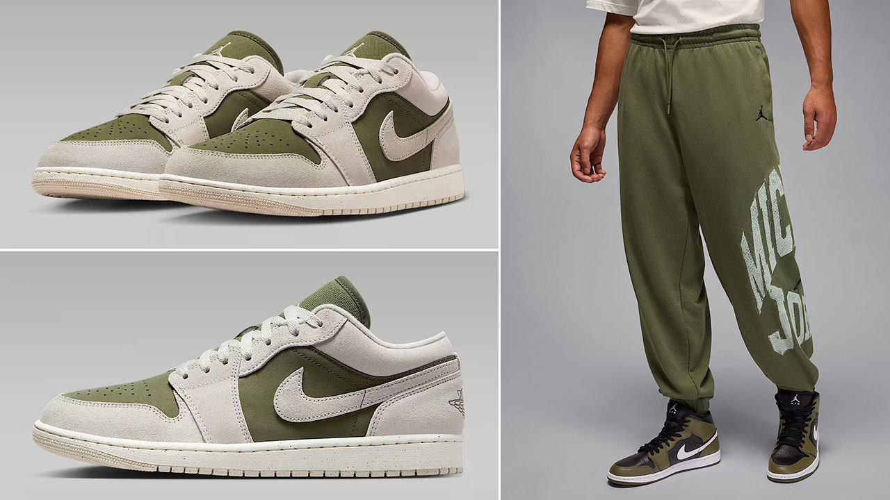 Air Jordan 1 Low SE Medium Olive Light Orewood Brown Mens Shoes x Jordan Brooklyn Mens Collegiate Pants Outfit