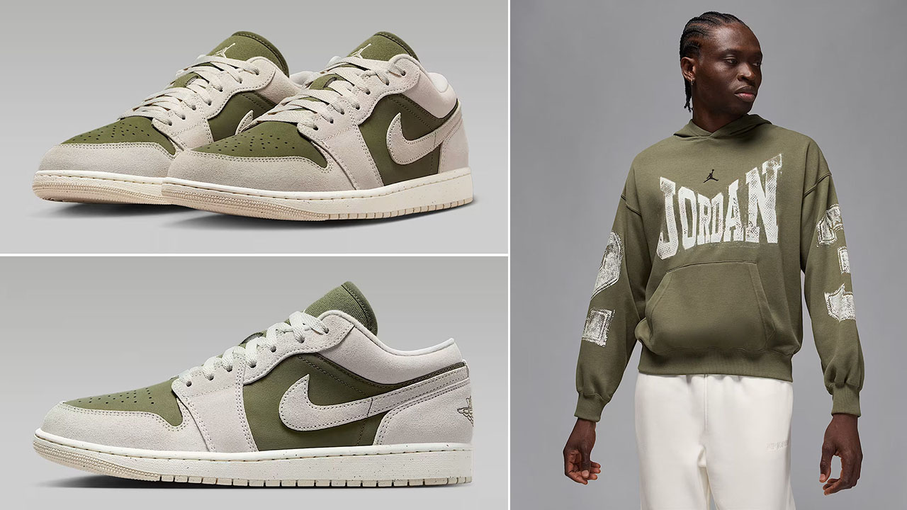 Air Jordan 1 Low SE Medium Olive Light Orewood Brown Mens Shoes x Jordan Brooklyn Mens Collegiate Pullover Hoodie Outfit