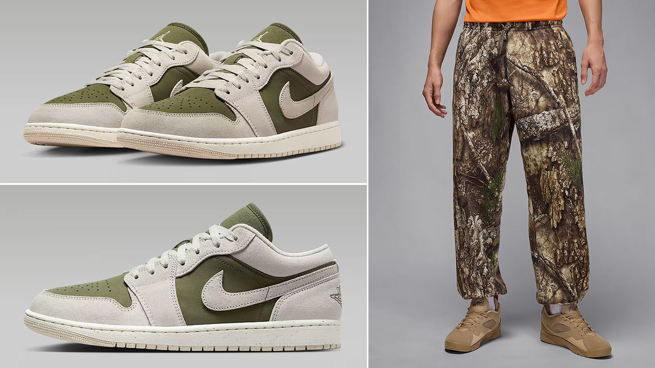 Air Jordan 1 Low SE Medium Olive Light Orewood Brown Mens Shoes x Jordan Brooklyn Mens Fleece Realtree Camo Pants Outfit