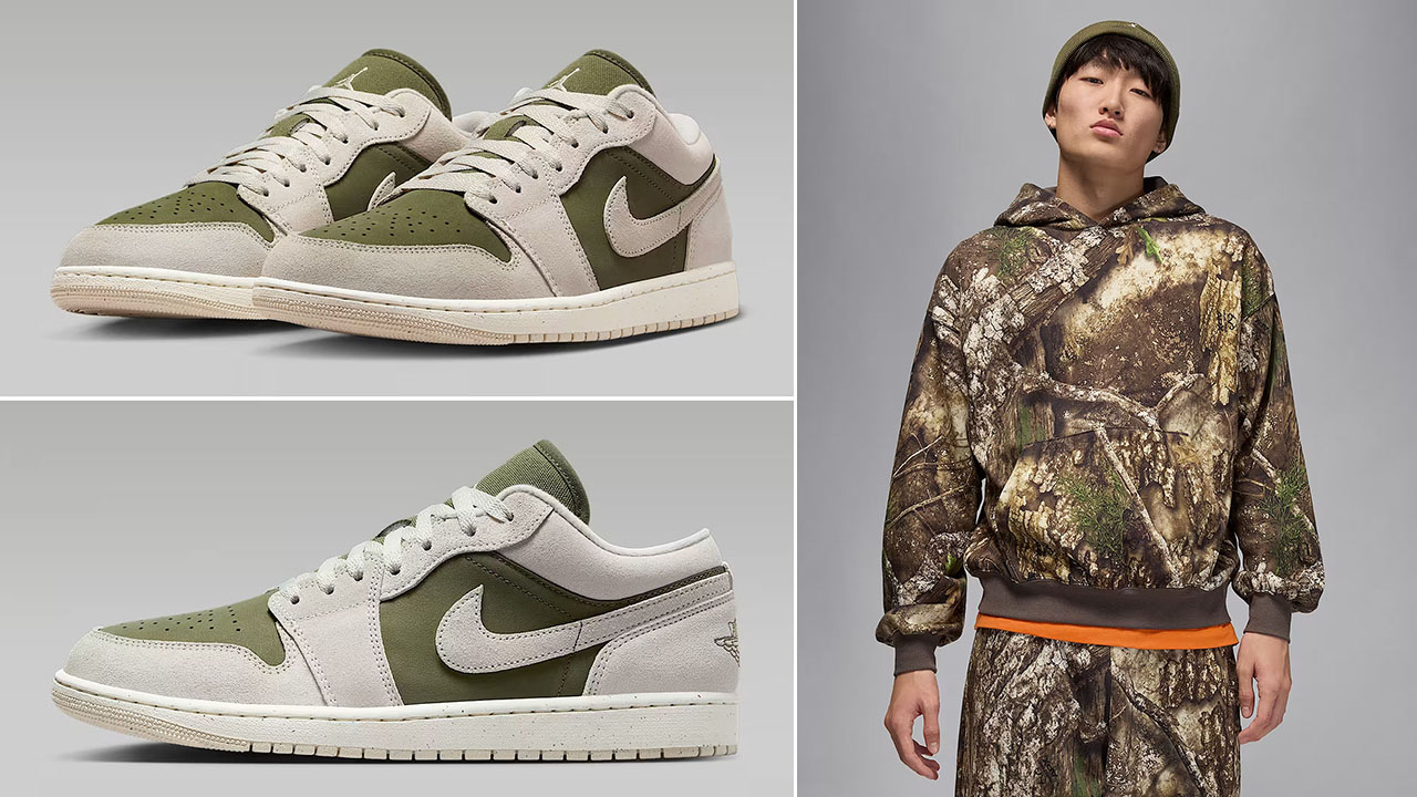 Air Jordan 1 Low SE Medium Olive Light Orewood Brown Mens Shoes x Jordan Brooklyn Mens Fleece Realtree Camo Pullover Hoodie Outfit