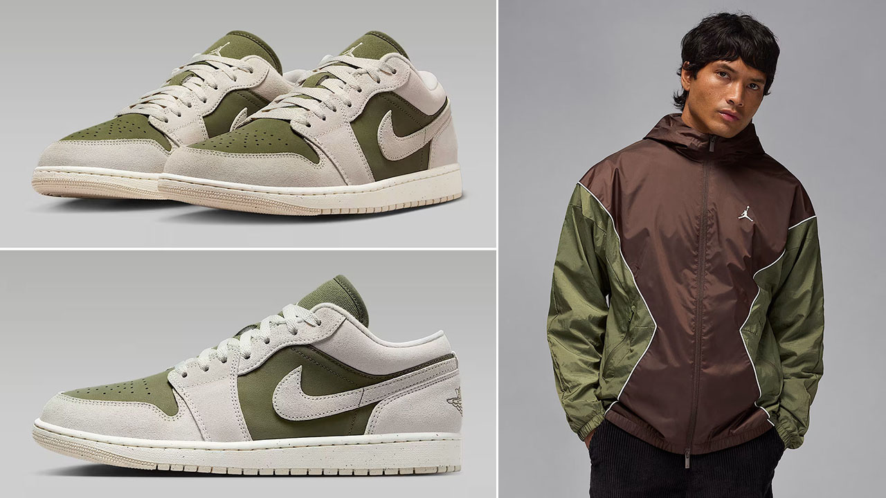 Air Jordan 1 Low SE Medium Olive Light Orewood Brown Mens Shoes x Jordan Brooklyn Mens Hooded Draft Jacket Outfit