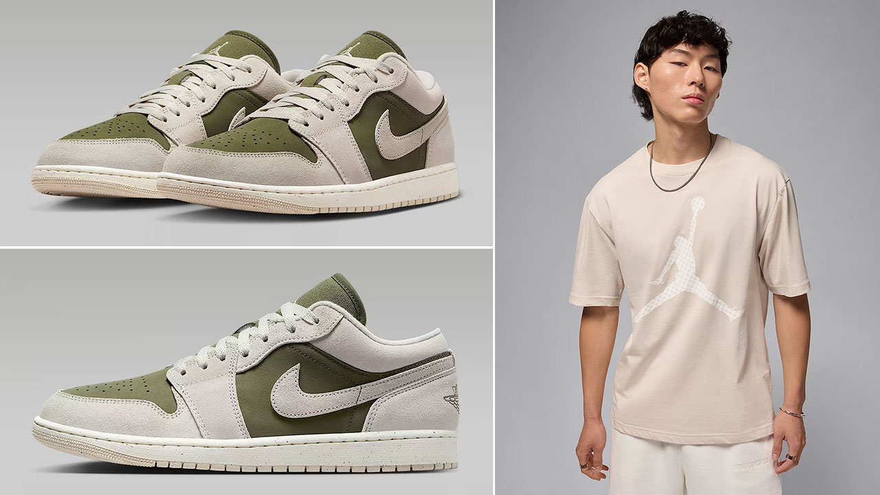 Air Jordan 1 Low SE Medium Olive Light Orewood Brown Mens Shoes x Jordan Brooklyn Mens Jumpman T Shirt Outfit