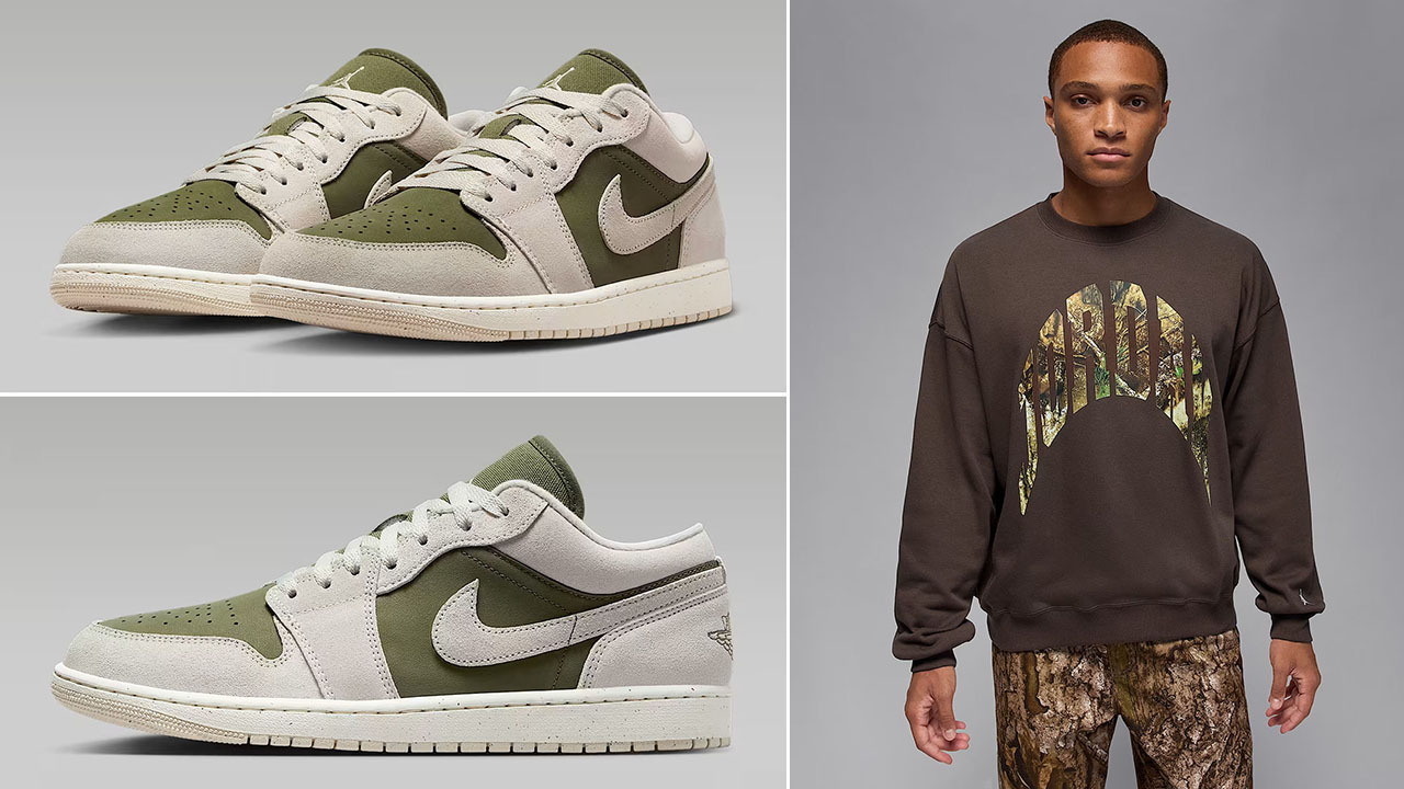 Air Jordan 1 Low SE Medium Olive Light Orewood Brown Mens Shoes x Jordan Brooklyn Mens Realtree Camo Crew Neck Sweatshirt Outfit