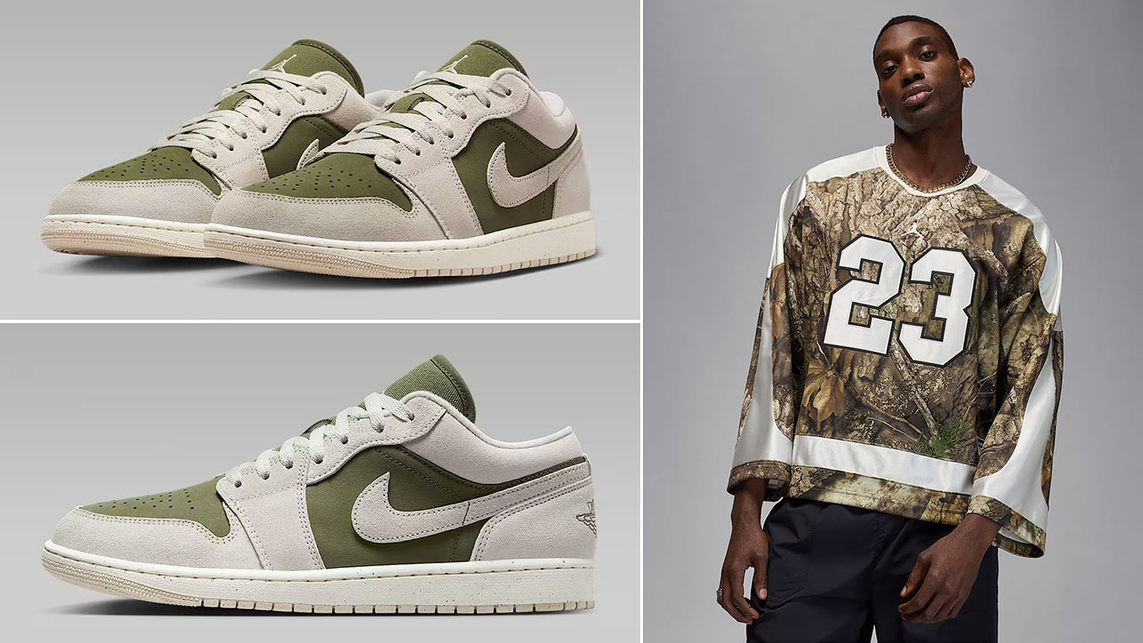 Air Jordan 1 Low SE Medium Olive Light Orewood Brown Mens Shoes x Jordan Brooklyn Mens Realtree Camo Hockey Jersey Outfit