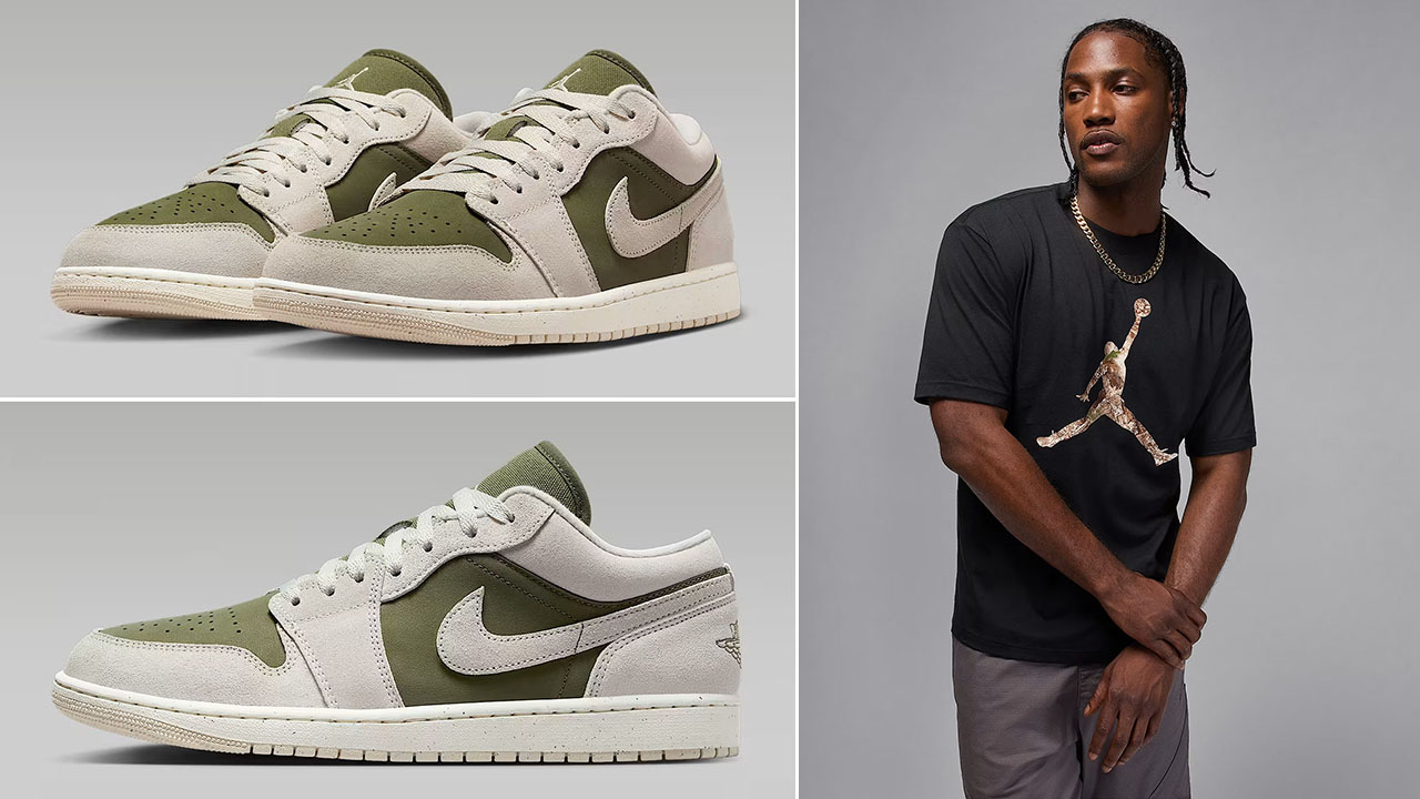 Air Jordan 1 Low SE Medium Olive Light Orewood Brown Mens Shoes x Jordan Brooklyn Mens Realtree Camo Jumpman Black T Shirt Outfit