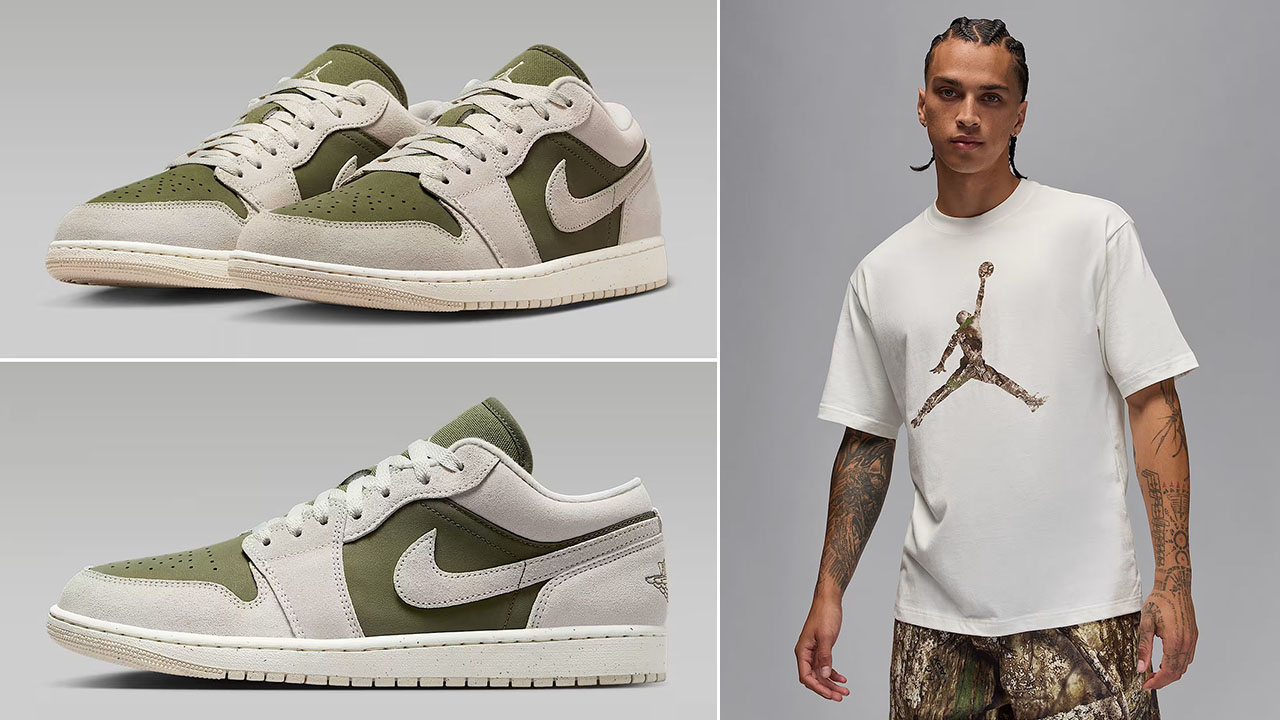 Air Jordan 1 Low SE Medium Olive Light Orewood Brown Mens Shoes x Jordan Brooklyn Mens Realtree Camo Jumpman Sail T Shirt Outfit