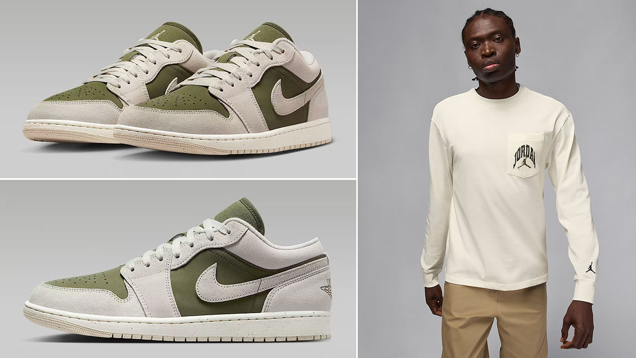 Air Jordan 1 Low SE Medium Olive Light Orewood Brown Mens Shoes x Jordan Brooklyn Mens Realtree Camo Long Sleeve Pocket T Shirt Outfit