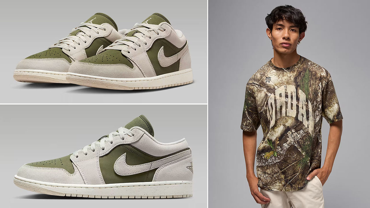Air Jordan 1 Low SE Medium Olive Light Orewood Brown Mens Shoes x Jordan Brooklyn Mens Realtree Camo T Shirt Outfit