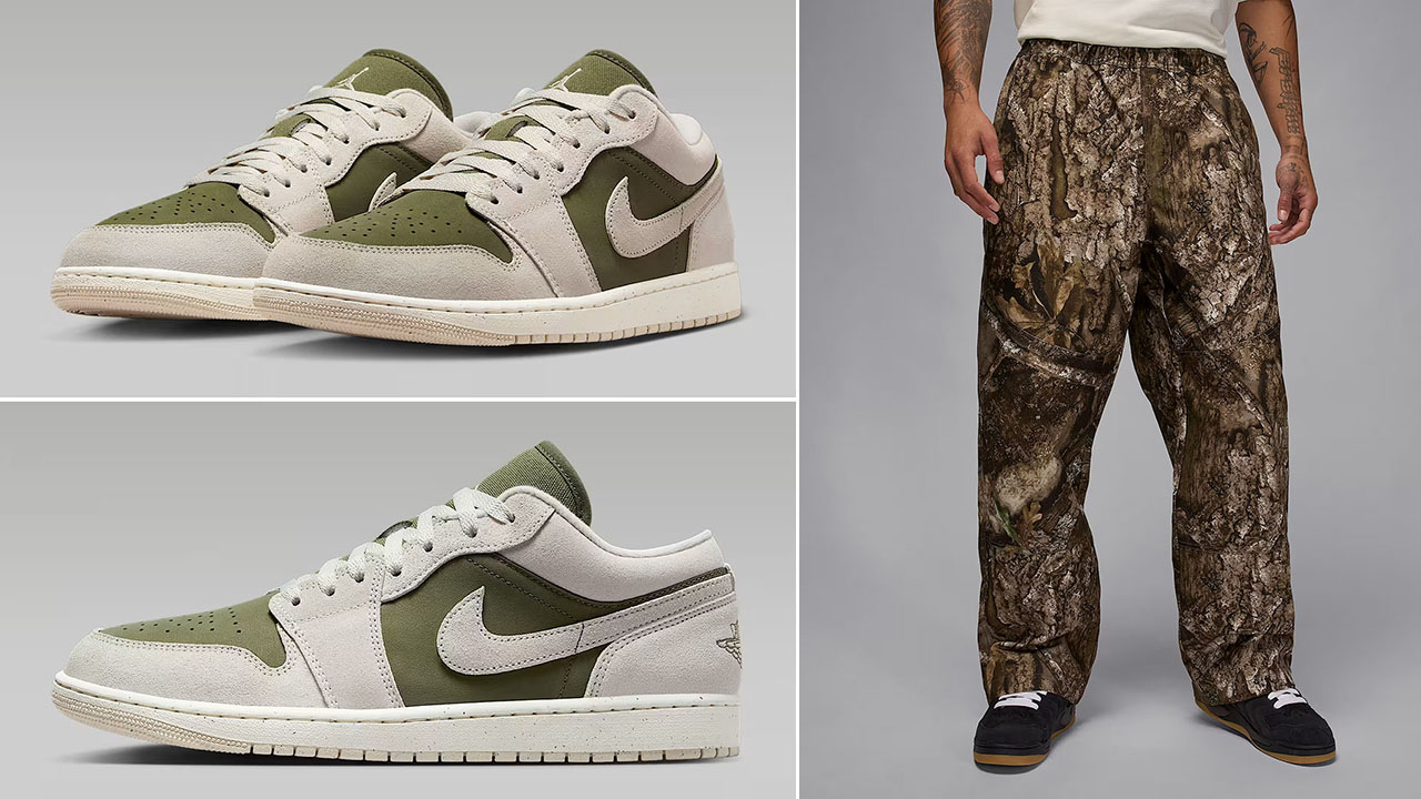 Air Jordan 1 Low SE Medium Olive Light Orewood Brown Mens Shoes x Jordan Brooklyn Mens Woven Realtree Camo Pants Outfit