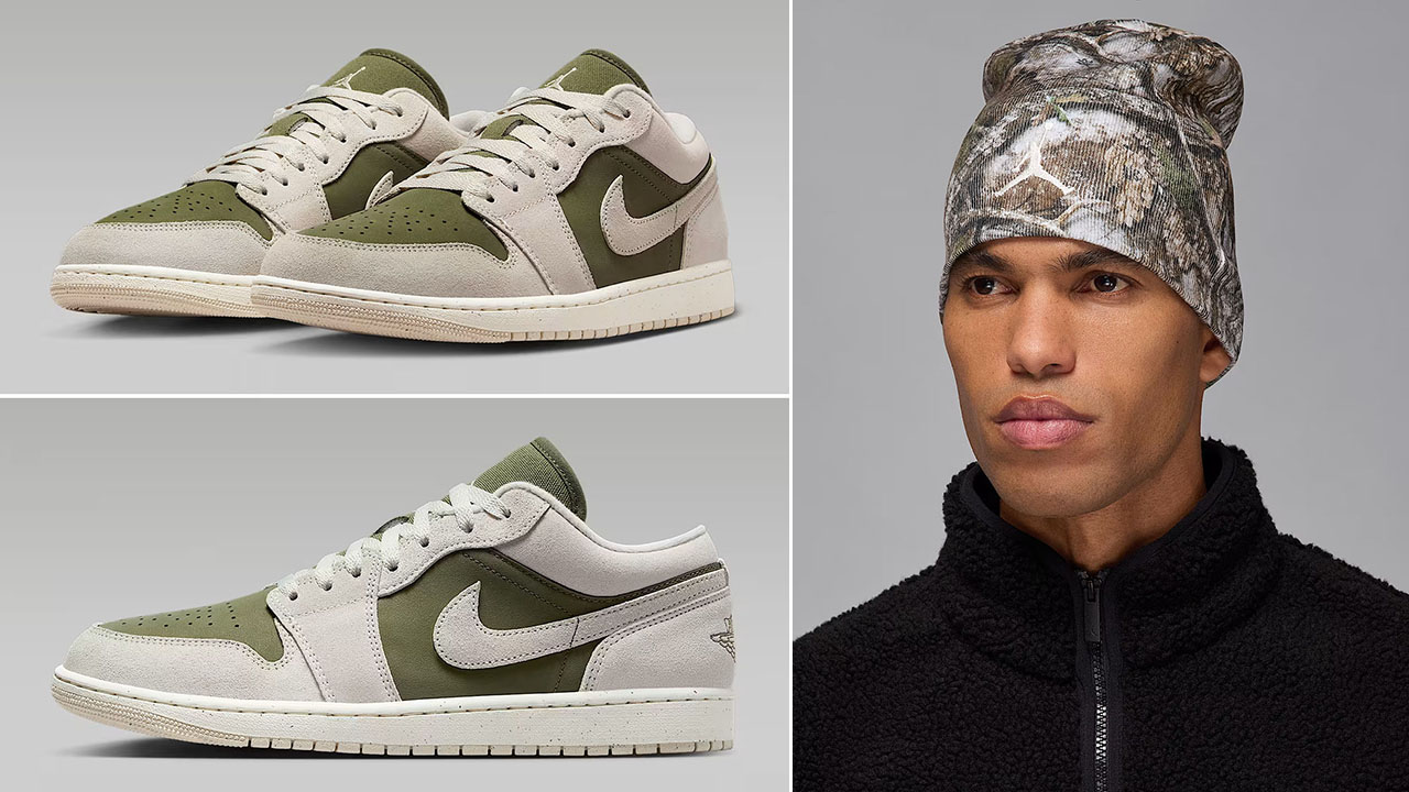 Air Jordan 1 Low SE Medium Olive Light Orewood Brown Mens Shoes x Jordan Brooklyn Peak Realtree Camo Beanie