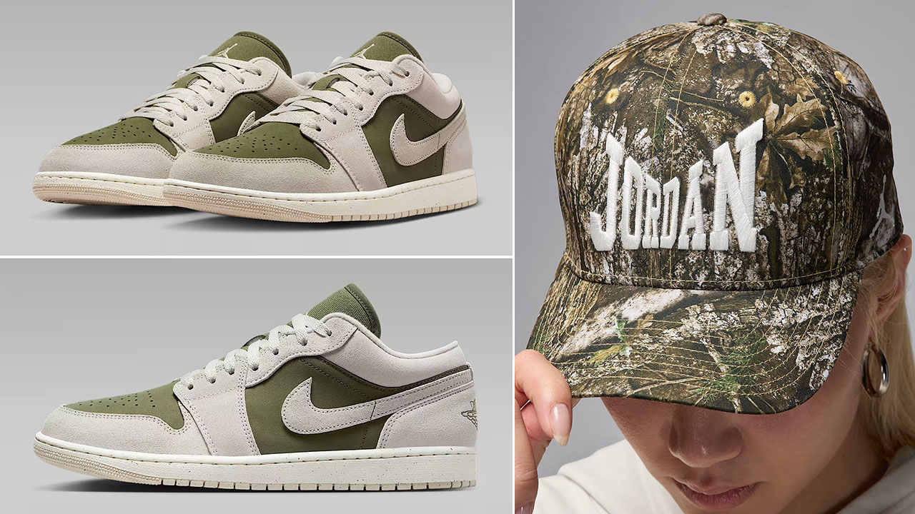 Air Jordan 1 Low SE Medium Olive Light Orewood Brown Mens Shoes x Jordan Brooklyn Rise Realtree Camo Snapback Hat