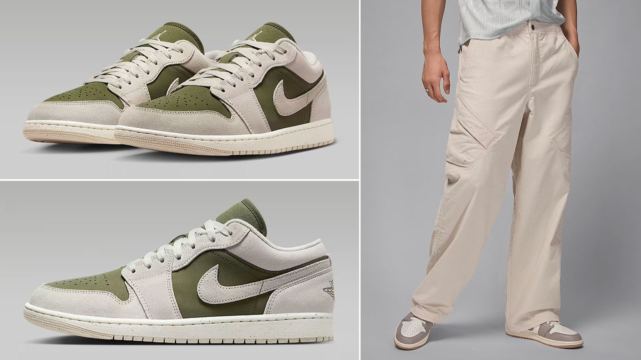 Air Jordan 1 Low SE Medium Olive Light Orewood Brown Mens Shoes x Jordan Flight Chicago Mens Corduroy Pants Outfit