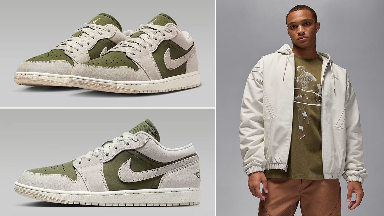 Air Jordan 1 Low SE Medium Olive Light Orewood Brown Mens Shoes x Jordan Flight Mens Draft Jacket Outfit
