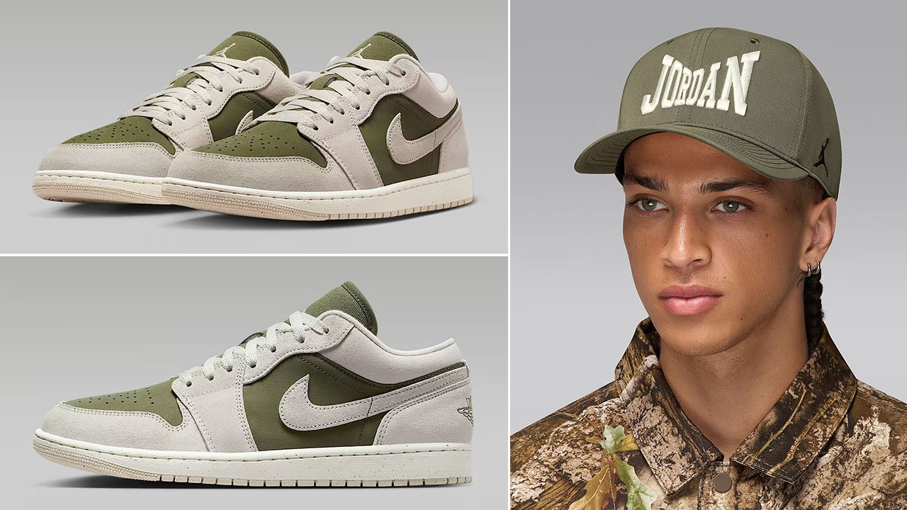 Air Jordan 1 Low SE Medium Olive Light Orewood Brown Mens Shoes x Jordan Rise Snapback Hat