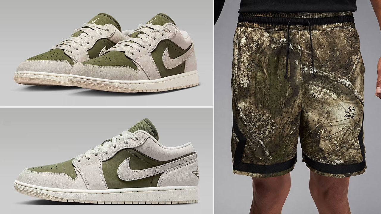 Air Jordan 1 Low SE Medium Olive Light Orewood Brown Mens Shoes x Jordan Sport Diamond Mens Realtree Camo Shorts Outfit