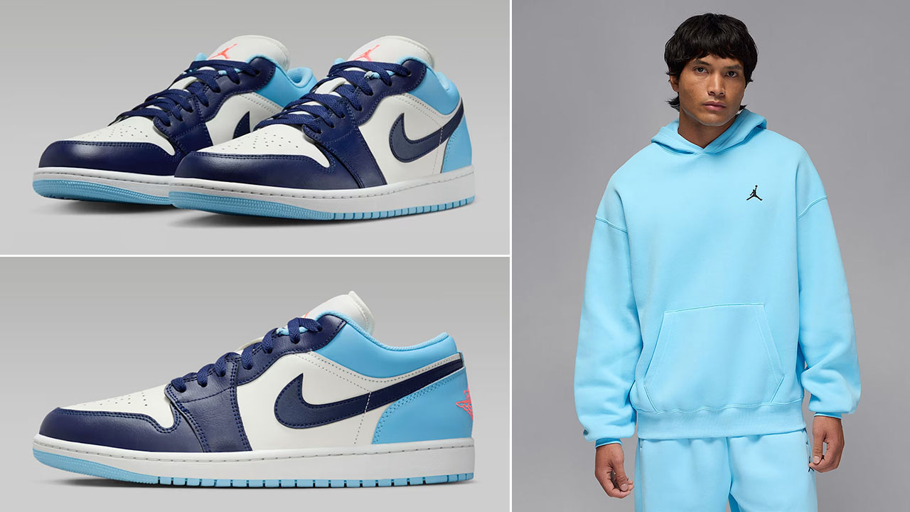 Air Jordan 1 Low Sail Blue Chill Blue Void x Jordan Brooklyn Fleece Mens Oversized Hoodie Outfit