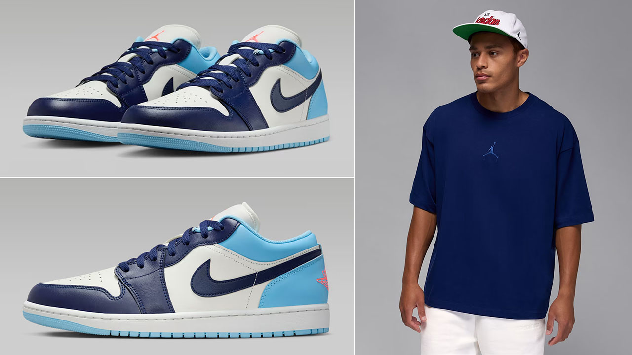 Air Jordan 1 Low Sail Blue Chill Blue Void x Jordan Flight Essentials Mens Oversized T Shirt Outfit