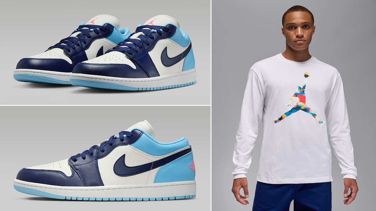 Air Jordan 1 Low Sail Blue Chill Blue Void x Jordan Flight Mountainside Mens Long Sleeve T Shirt Outfit