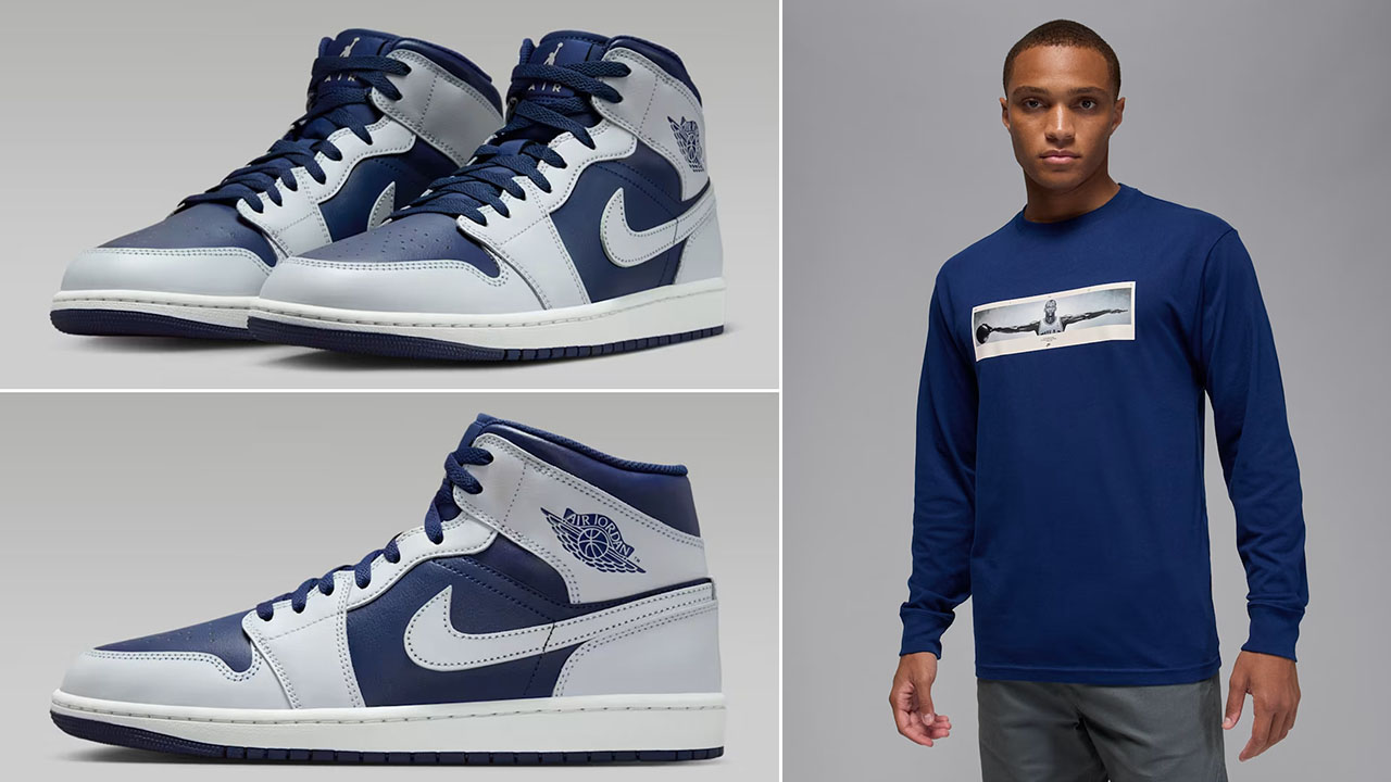 Air Jordan 1 Mid Blue Void Pure Platinum x Jordan Wings Mens Long Sleeve T Shirt Outfit
