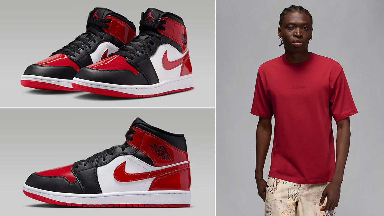 Air Jordan 1 Mid Patent Black White Varsity Red Mens Shoes x Air Jordan Wordmark 85 Mens T Shirt Outfit