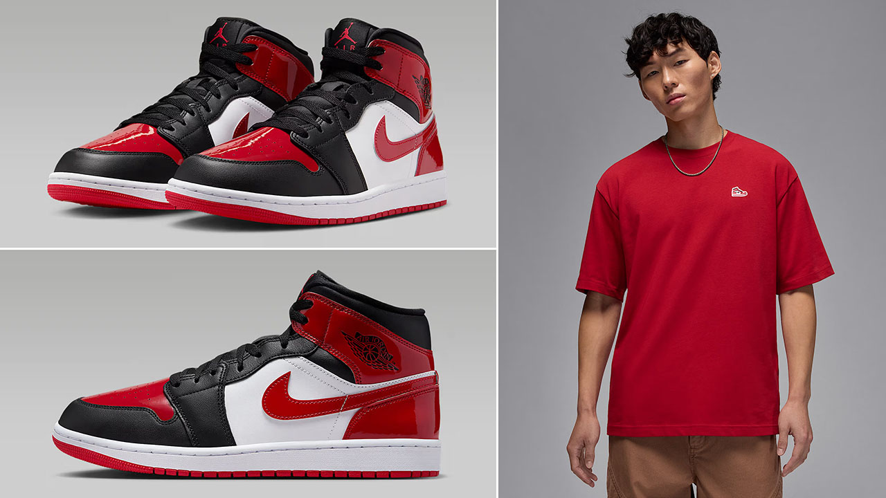Air Jordan 1 Mid Patent Black White Varsity Red Mens Shoes x Jordan AJ1 Sneaker Patch Mens T Shirt Outfit