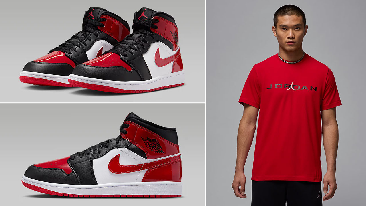 Air Jordan 1 Mid Patent Black White Varsity Red Mens Shoes x Jordan Air Stretch Mens T Shirt Outfit