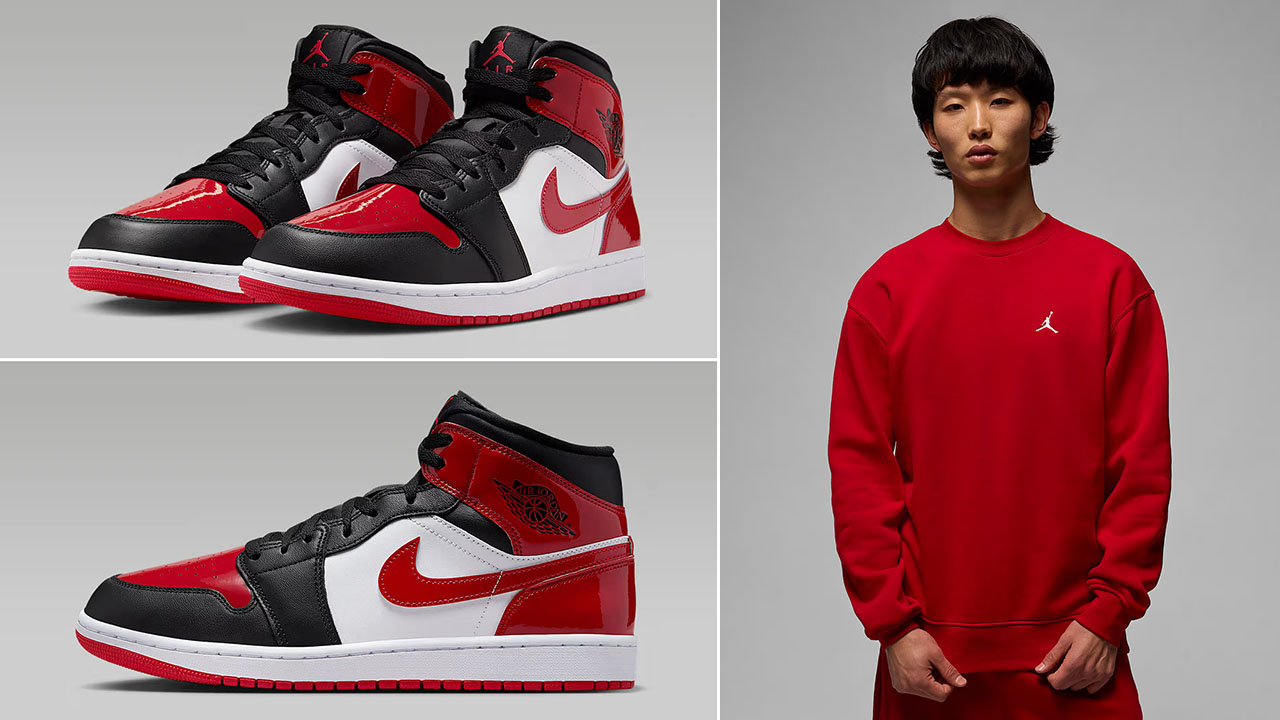 Air Jordan 1 Mid Patent Black White Varsity Red Mens Shoes x Jordan Brooklyn Mens Crew Sweatshirt Outfit