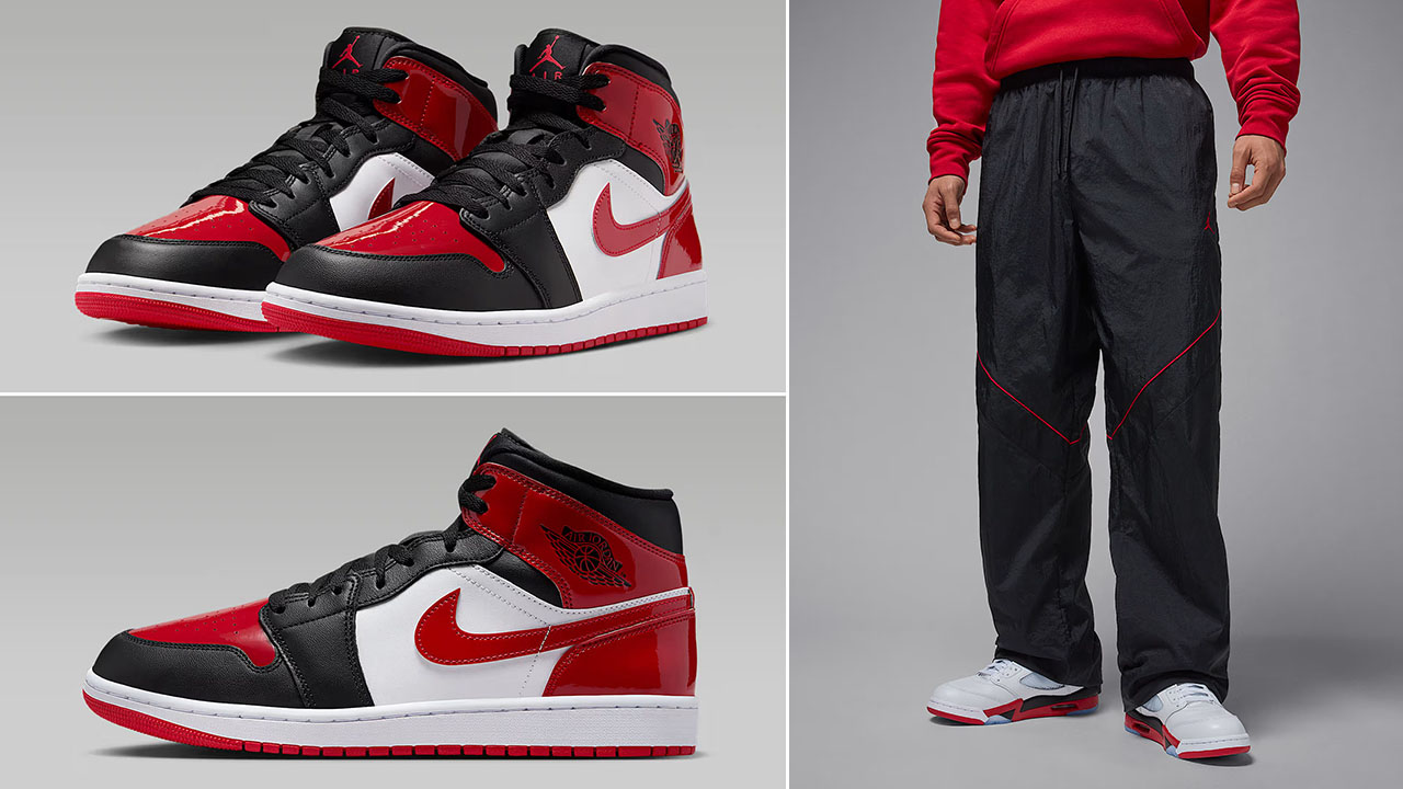 Air Jordan 1 Mid Patent Black White Varsity Red Mens Shoes x Jordan Brooklyn Mens Draft Pants Outfit