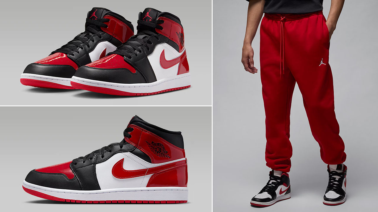 Air Jordan 1 Mid Patent Black White Varsity Red Mens Shoes x Jordan Brooklyn Mens Fleece Pants Outfit