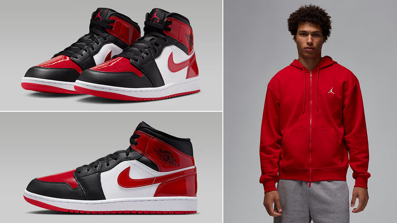Air Jordan 1 Mid Patent Black White Varsity Red Mens Shoes x Jordan Brooklyn Mens Full Zip Hoodie Outfit