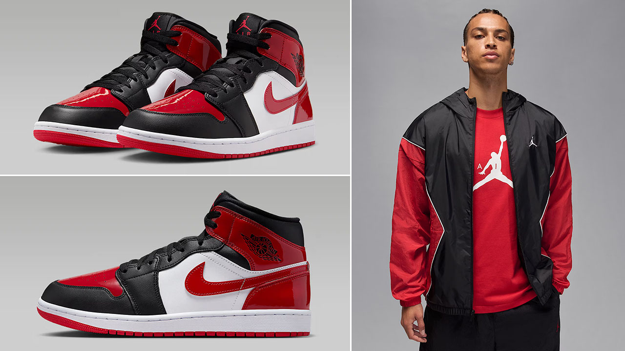 Air Jordan 1 Mid Patent Black White Varsity Red Mens Shoes x Jordan Brooklyn Mens Hooded Draft Jacket Outfit
