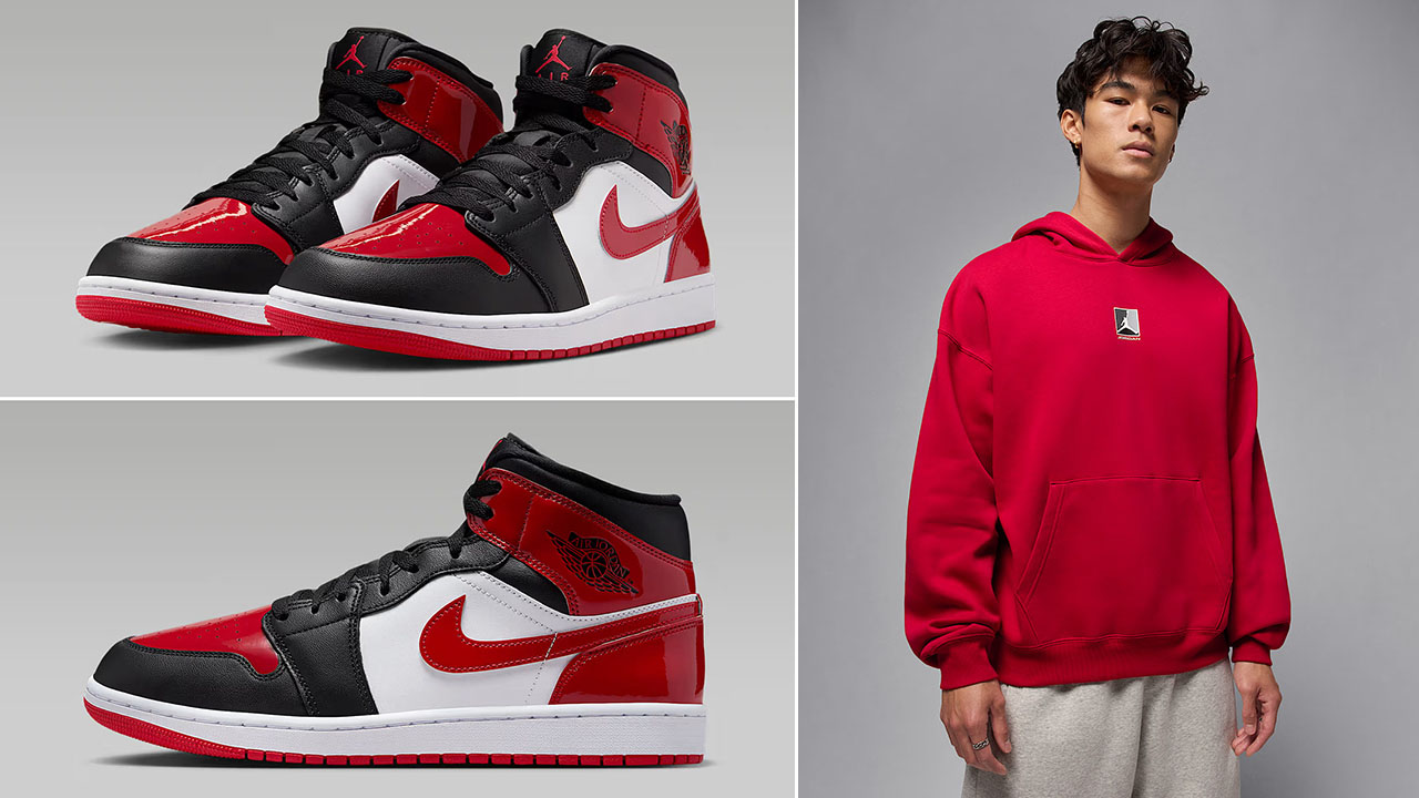 Air Jordan 1 Mid Patent Black White Varsity Red Mens Shoes x Jordan Brooklyn Mens Hoodie Outfit