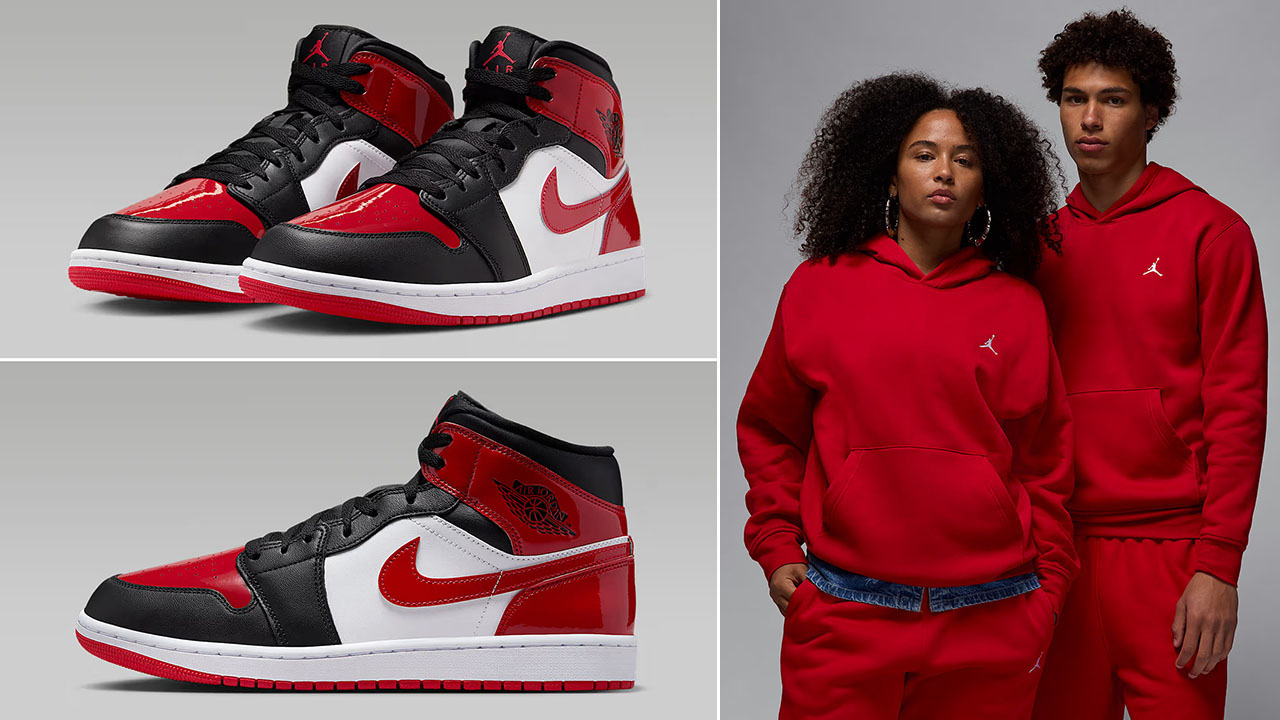 Air Jordan 1 Mid Patent Black White Varsity Red Mens Shoes x Jordan Brooklyn Mens Pullover Hoodie Outfit