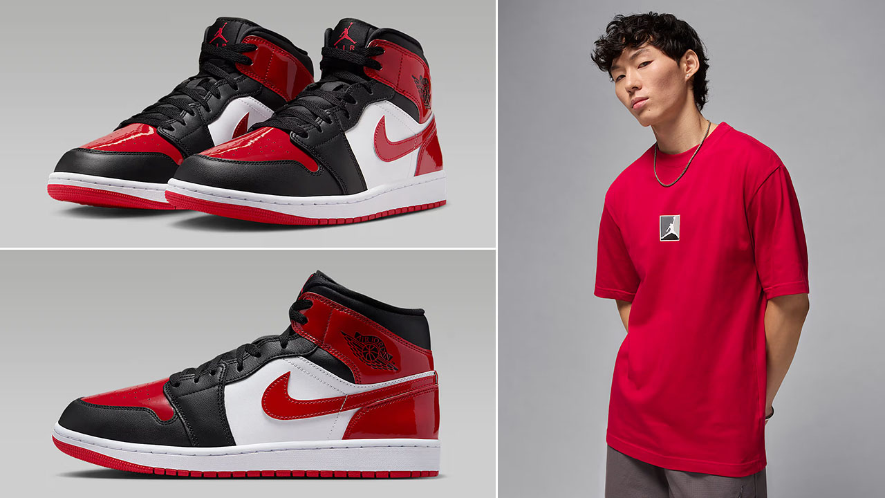Air Jordan 1 Mid Patent Black White Varsity Red Mens Shoes x Jordan Brooklyn Mens T Shirt Outfit