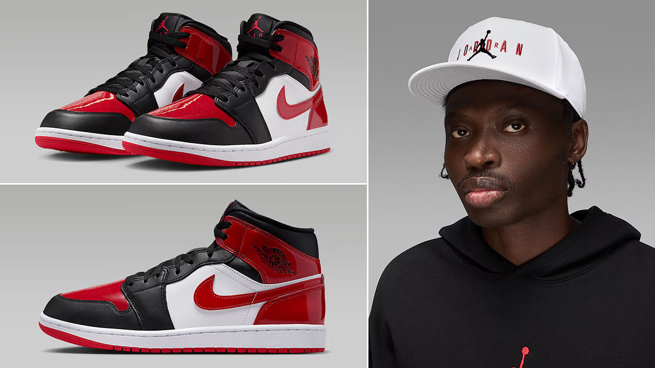 Air Jordan 1 Mid Patent Black White Varsity Red Mens Shoes x Jordan Pro Snapback Hat