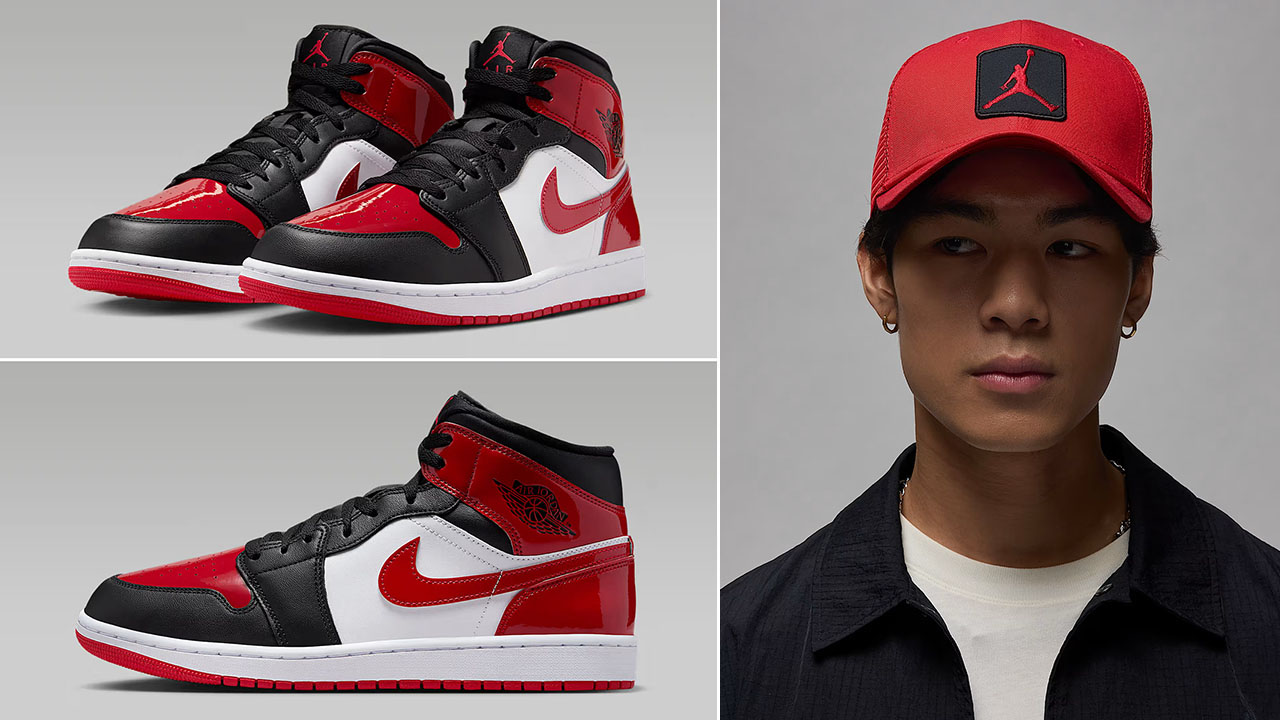 Air Jordan 1 Mid Patent Black White Varsity Red Mens Shoes x Jordan Rise Trucker Hat Snapback Cap